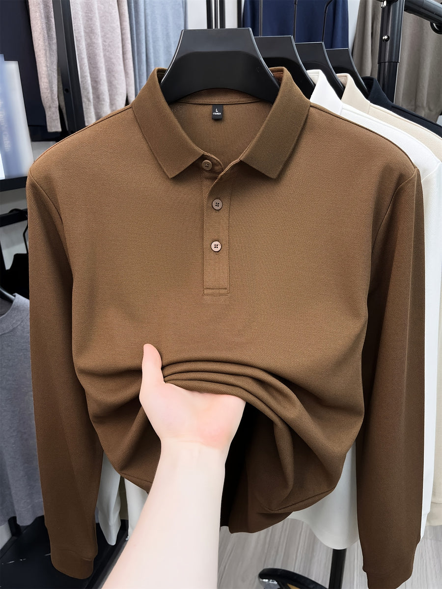 Autumn New Men'S Long Sleeve Henley Polo Shirt, Easy Lapel 3-Button Top, Casual Commute Wear, Comfortable And Skin-Friendly, Versatile Basic Men'S Clothing, Spring/Autumn Inner And Outer Wear, Can Be Worn Alone Or Layered with Jacket, Men'S Gift - Coffee Brown