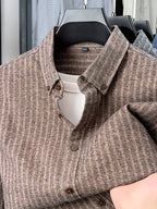Men's Brushed Vertical Stripe Long-Sleeve Shirt, Vintage Vertical Stripes, Loose Casual Fit, Suitable for Autumn and Early Winter - SINBOS - Coffee Sticks