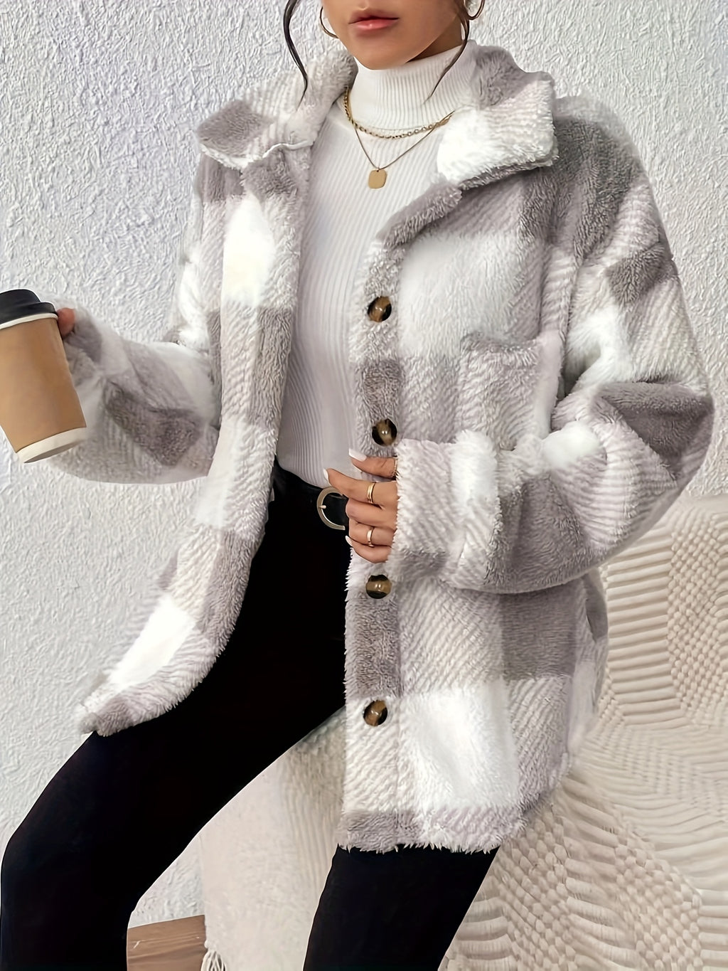 [Autumn/Winter Buffalo Plaid Print Teddy Bear Jacket, Side Pockets, Lapel, Button-Up Women's Elegant Faux Coat] - Mixed colors