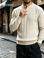FORLENGKE Autumn Winter Men'S Henley Collar Half-Button Cable Knit Top Vintage Street Style 3D Twist Knit Long Sleeve Sweater Loose Slimming Casual Versatile Inner Wear Outer Wear Pullover Shirt - Beige Apricot