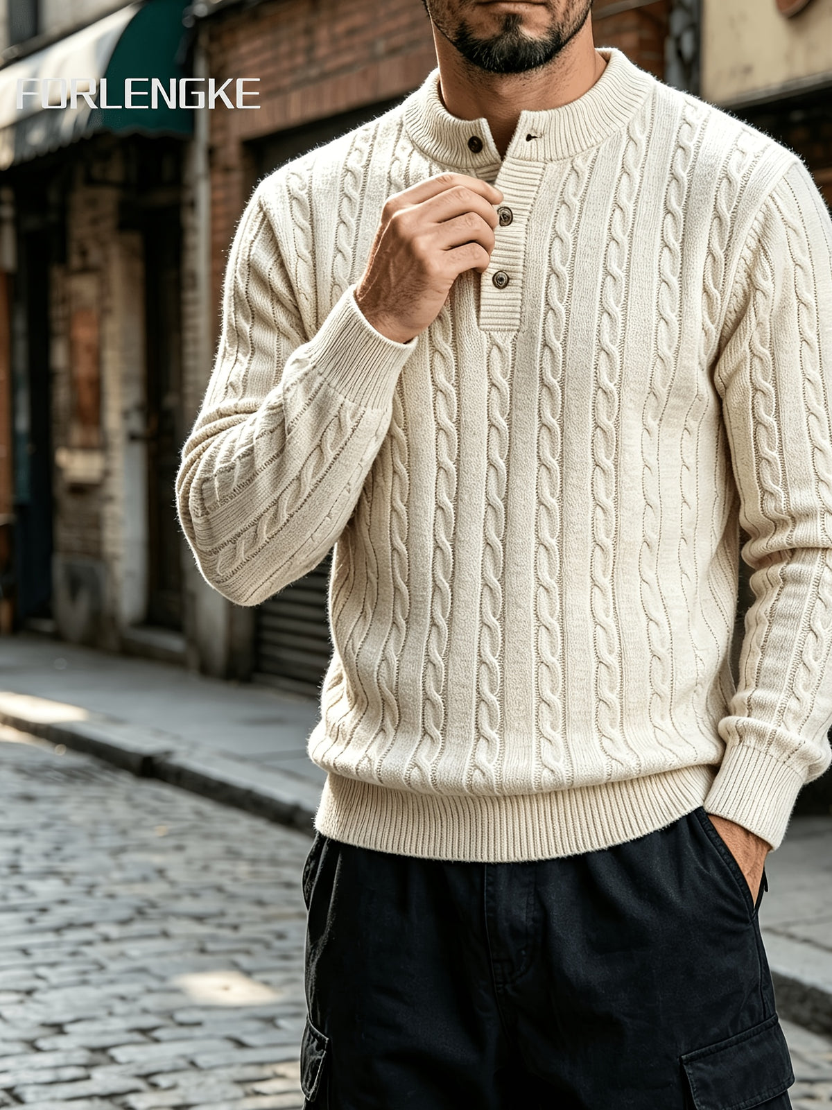 FORLENGKE Autumn Winter Men'S Henley Collar Half-Button Cable Knit Top Vintage Street Style 3D Twist Knit Long Sleeve Sweater Loose Slimming Casual Versatile Inner Wear Outer Wear Pullover Shirt - Beige Apricot