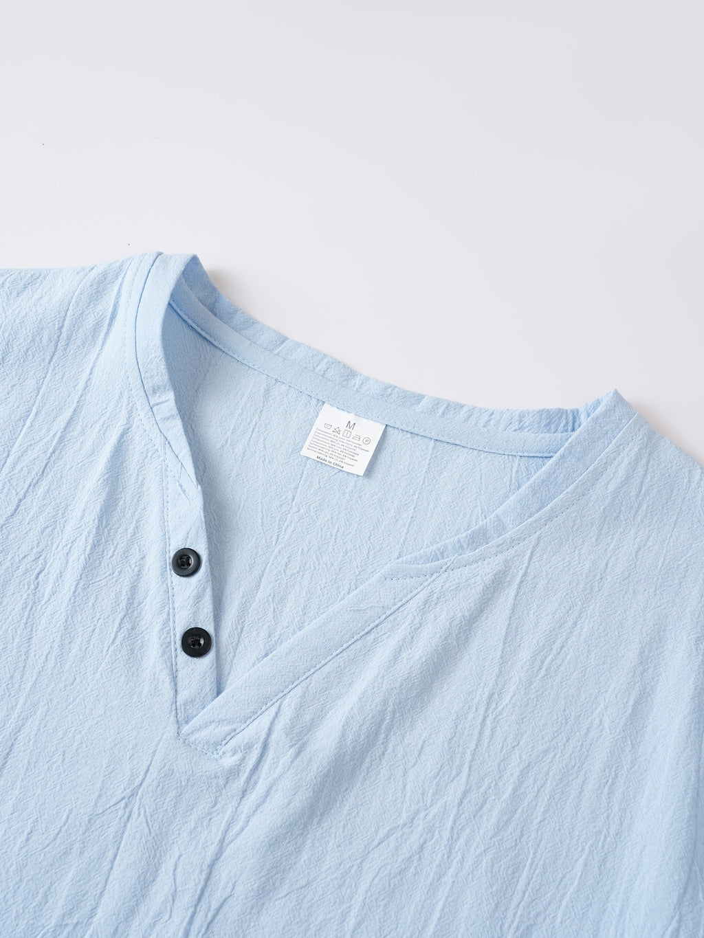 Summer Men'S Casual T-Shirt Linen Henley Collar Double-Button Men'S Short Sleeve Small V-Neck Men'S Casual Breathable Top Solid Color Breathable Commuter Casual Short Sleeve Top - Sky Blue