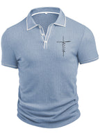 Men'S Fashion Men'S Clothing Top Spring Summer Casual Outdoor Textured Ribbed Fabric Lapel Short Sleeve Single-Button Letter Print Men'S Polo Shirt - Sky Blue