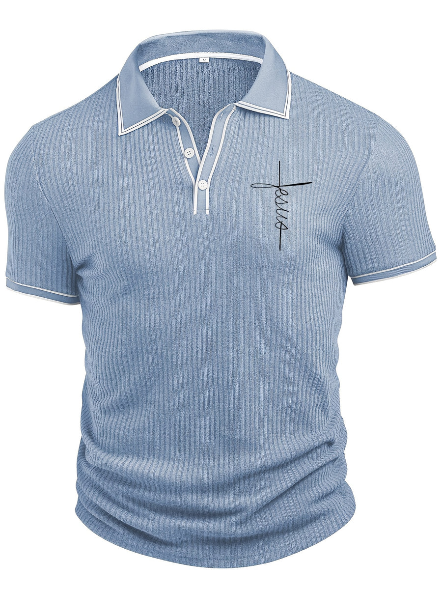 Men'S Fashion Men'S Clothing Top Spring Summer Casual Outdoor Textured Ribbed Fabric Lapel Short Sleeve Single-Button Letter Print Men'S Polo Shirt - Sky Blue