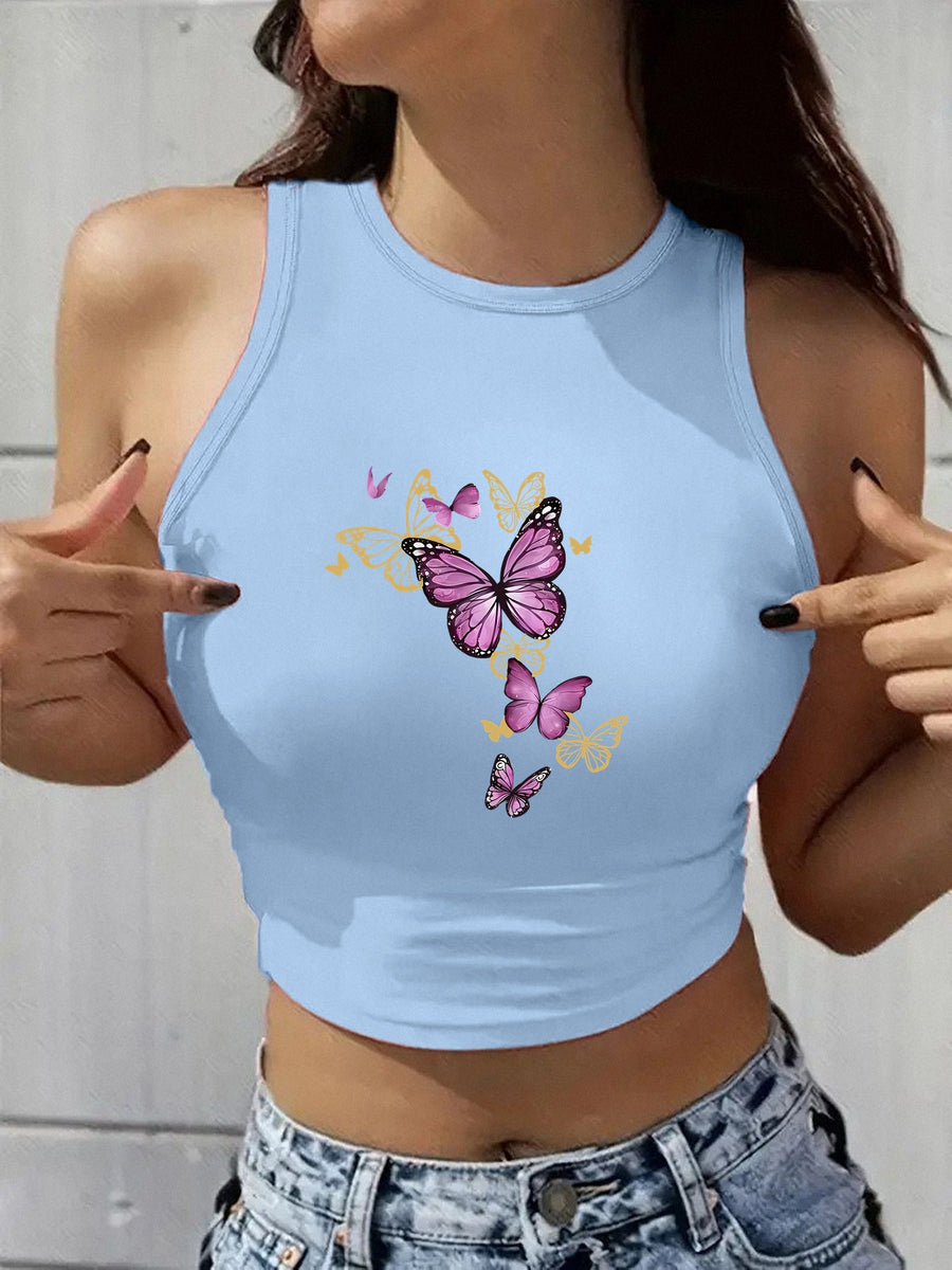 2026 Women's Y2K New Fashion Round Neck Sleeveless Tank Top - Trendy Layering for All Seasons Street Style - Unique Geometric Print Pattern - Vintage Lightweight Black White Brown Blue Pink Popular Cute Loose Comfortable Multi-Color Options - Sky Blue