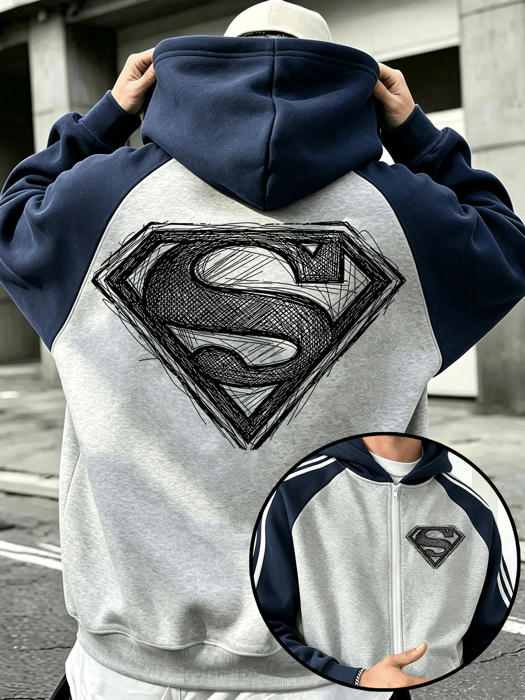 WB Warner Bros. Official Licensed Men's Raglan Sleeve Colorblock Zip-Up Hooded Sweatshirt, Hand-Painted Graffiti Superman "S" Logo Print Design, Autumn/Winter Loose Fit Color-Block Striped Sport Hoodie, Trendy Brand Fashion Casual Versatile Zip - Gray And Navy Blue