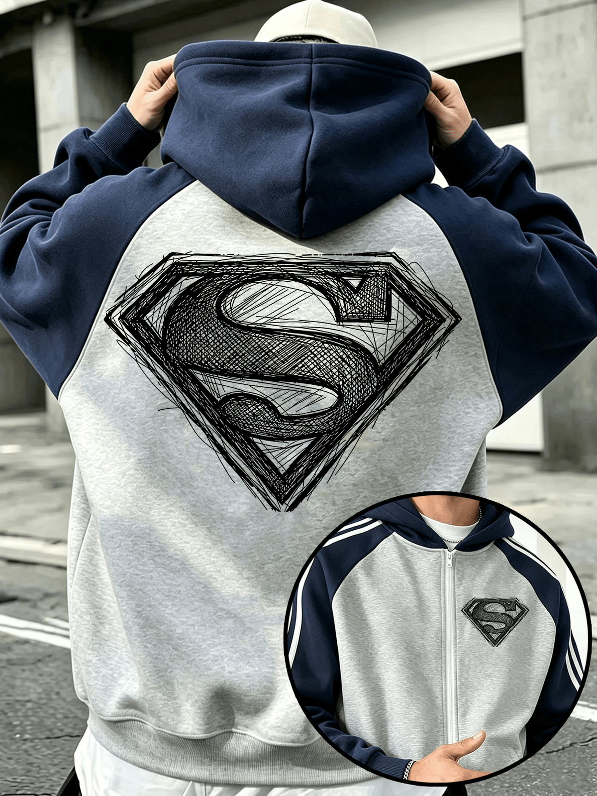 WB Warner Bros. Official Licensed Men's Raglan Sleeve Colorblock Zip-Up Hooded Sweatshirt, Hand-Painted Graffiti Superman "S" Logo Print Design, Autumn/Winter Loose Fit Color-Block Striped Sport Hoodie, Trendy Brand Fashion Casual Versatile Zip - Gray And Navy Blue