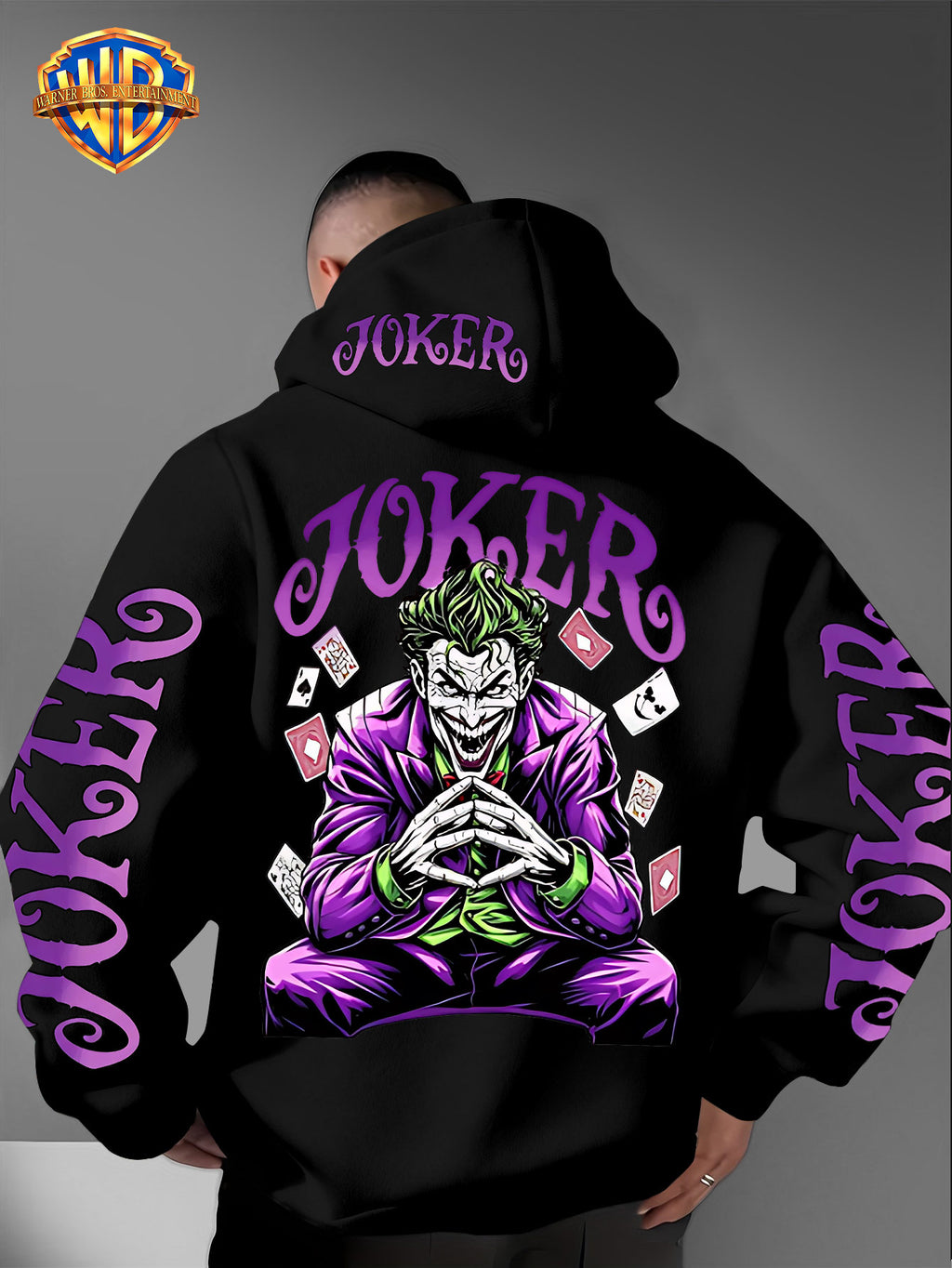 Warner Bros. Fashion Poker Joker Print, Hat Design Pattern, Multi-functional Street Style Men's Hooded Sweatshirt, Comfortable and Casual, Suitable for Autumn and Winter Wear - Black