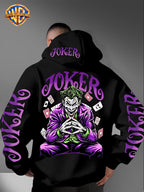 Warner Bros. Fashion Poker Joker Print, Hat Design Pattern, Multi-functional Street Style Men's Hooded Sweatshirt, Comfortable and Casual, Suitable for Autumn and Winter Wear - Black