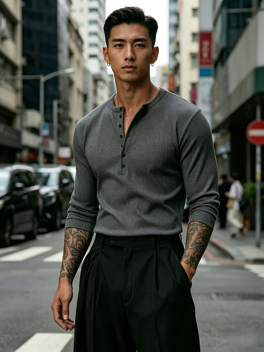 Joshmei OBM Autumn New Arrival Solid Color Half-Open Placket 7-Button Slim Fit Base Layer Shirt, Commuter Business Stretch Knit Top, Casual Versatile Long Sleeve Inner Wear - Dark Gray