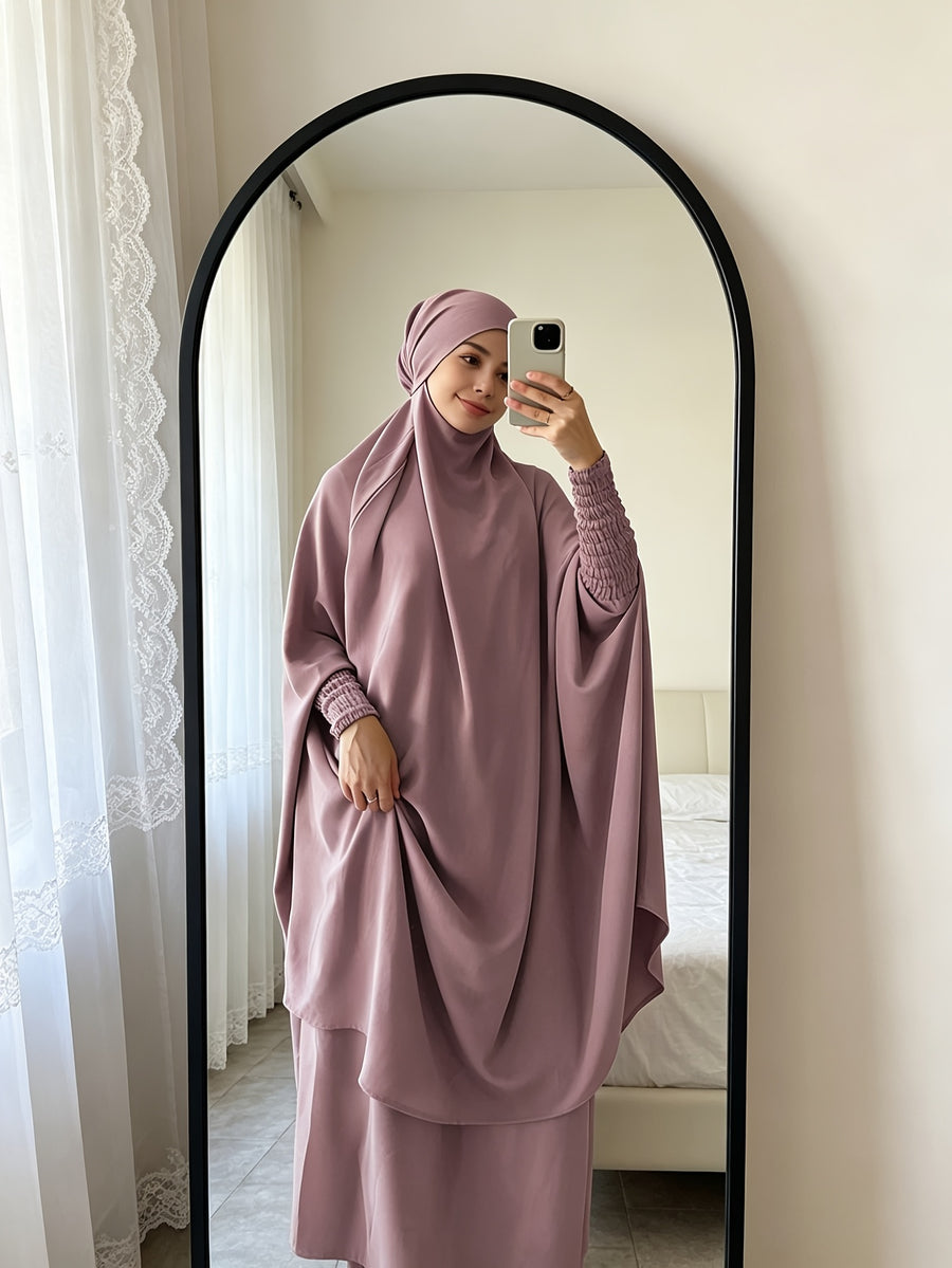 Casual Modest Outfit Set with Matching Head Wrap, Lightweight Breathable Loose Fit Puff Sleeve Top and Maxi Skirt for Everyday Use - Pale Pinkish Gray