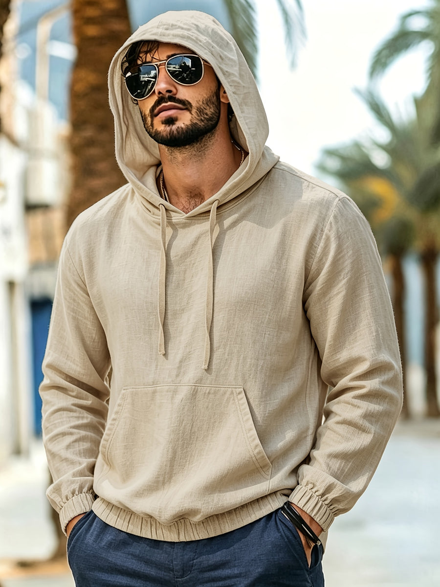 Men's New Spring/Autumn Linen Hooded T-Shirt, Suitable for Commuting, Parties, Outings, Travel, and Sports, Lightweight and Stylish Sweatshirt - Off-white