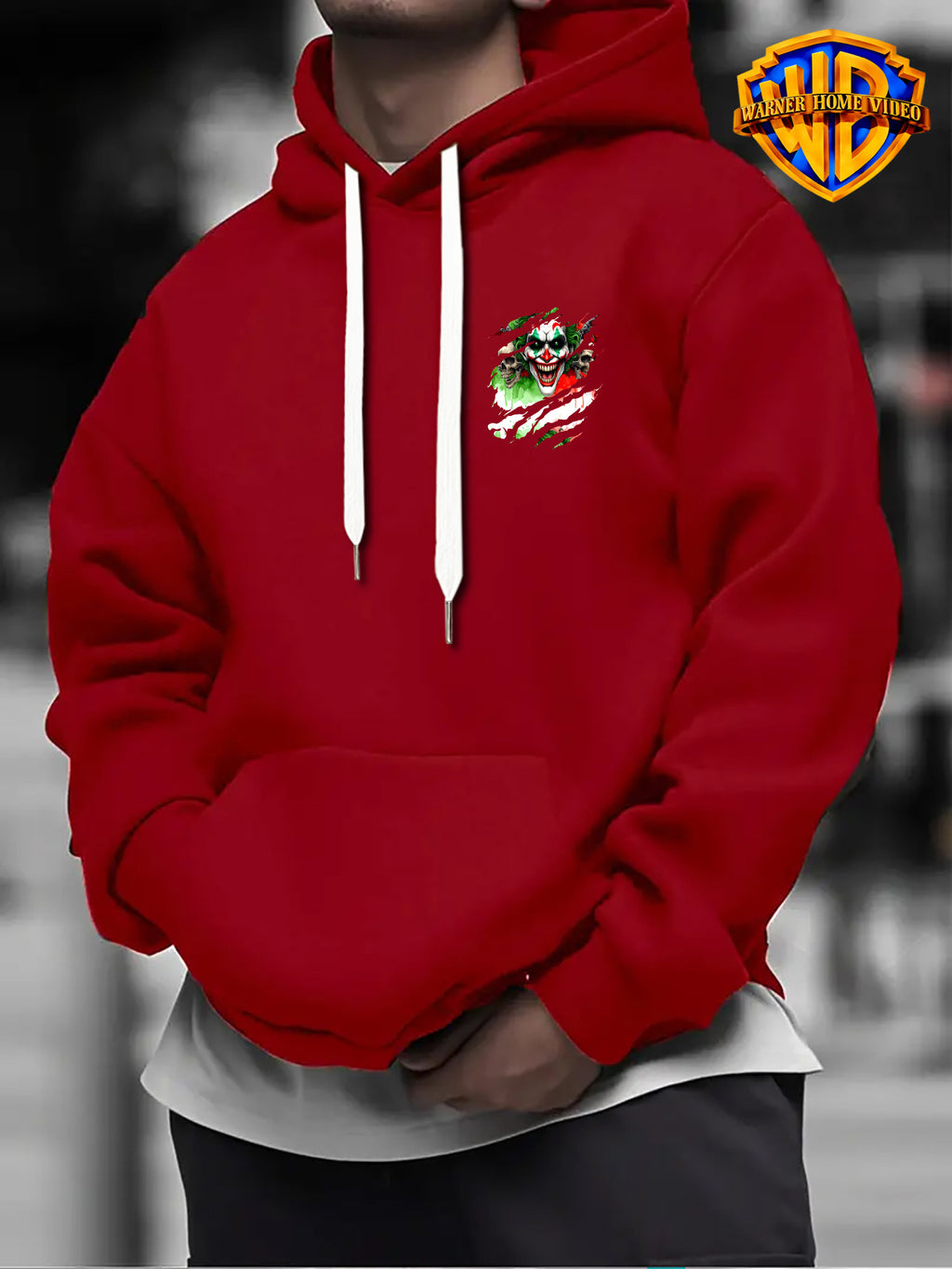 [Officially Licensed by Warner Bros] 1pc, Street Ripped Texture Dark Skull Clown Portrait Casual Hoodie - Men'S Fashion Sweatshirt, Adjustable Drawstring Loose Comfortable Hoodie, Suitable for Daily And Outdoor Wear - Red