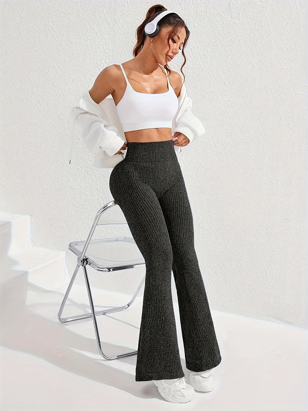 2026 Spring Summer Women's High Waist Tummy Control Slim Flare Pants, Textured Wide Ribbed Sports Pants, Fashion Casual Trousers for Fitness, Running and Daily Wear | Mega Special Offer - Black