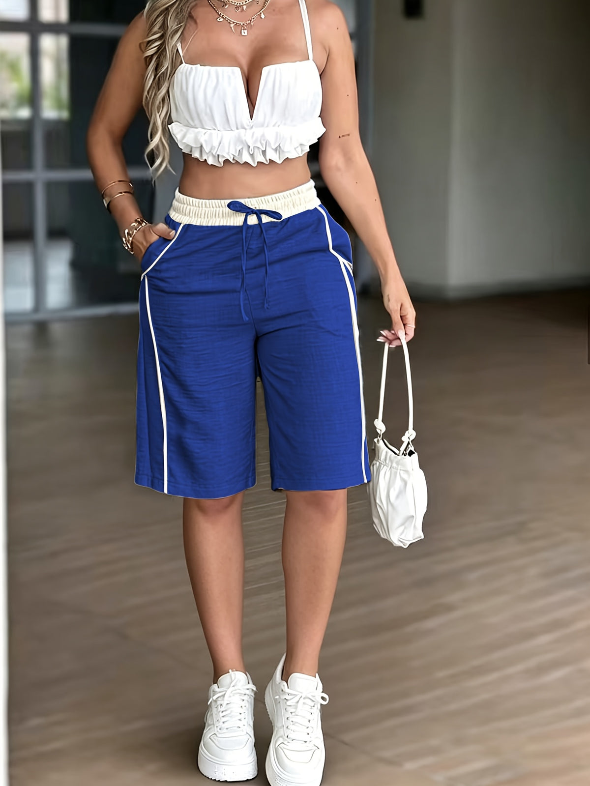 Women's Fashion Casual Pants - Color Block Patchwork High-Waist Straight-Leg Cropped Shorts - Blue
