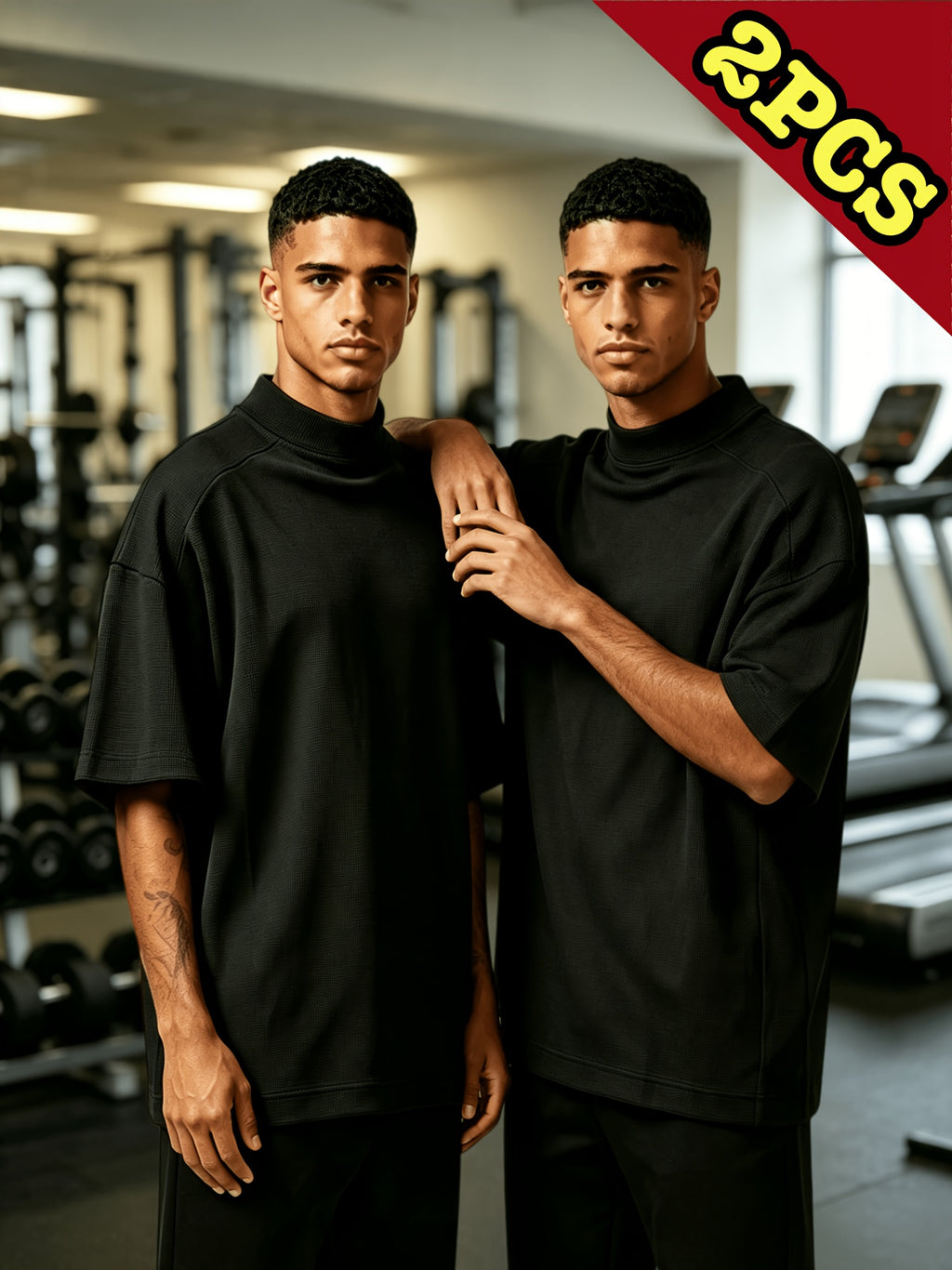 Men's Waffle Knit T-Shirt 2pcs Set - Short-Sleeve Half-Turtleneck Base Layer & Outerwear, Loose Fit Round Neck Suitable for Summer, Machine Washable Solid Color Casual Shirts for Layering, Layered Outfits - Black