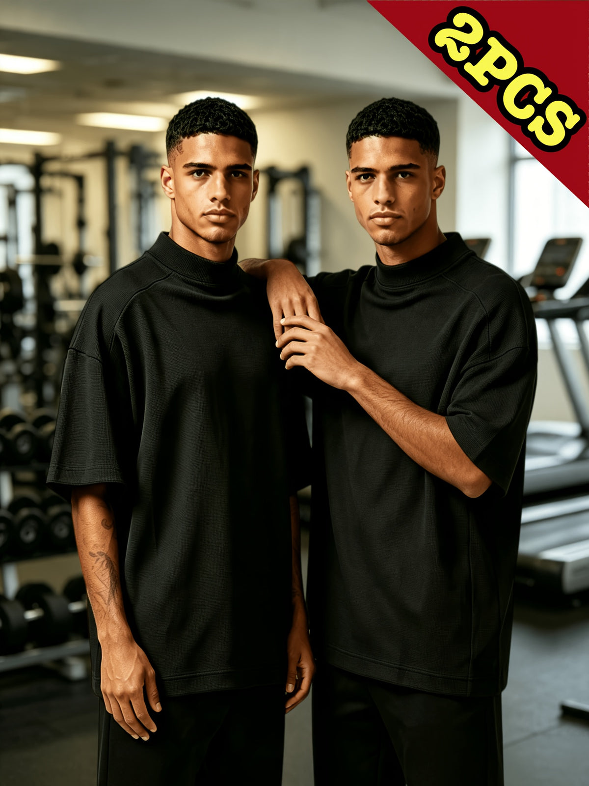 Men's Waffle Knit T-Shirt 2pcs Set - Short-Sleeve Half-Turtleneck Base Layer & Outerwear, Loose Fit Round Neck Suitable for Summer, Machine Washable Solid Color Casual Shirts for Layering, Layered Outfits - Black
