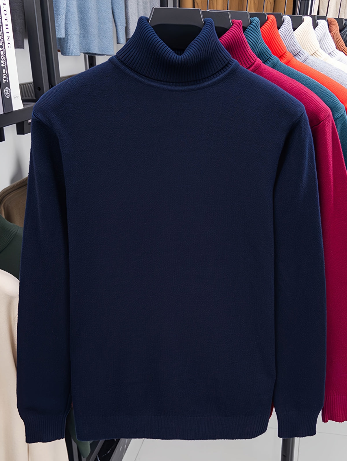 Men'S Autumn Winter Turtleneck Sweater, 10 Colors Available Solid Basic Style Elastic Warm Ribbed Cuff Casual Slim Fit Base Layer Pullover, Knit - Navy Color
