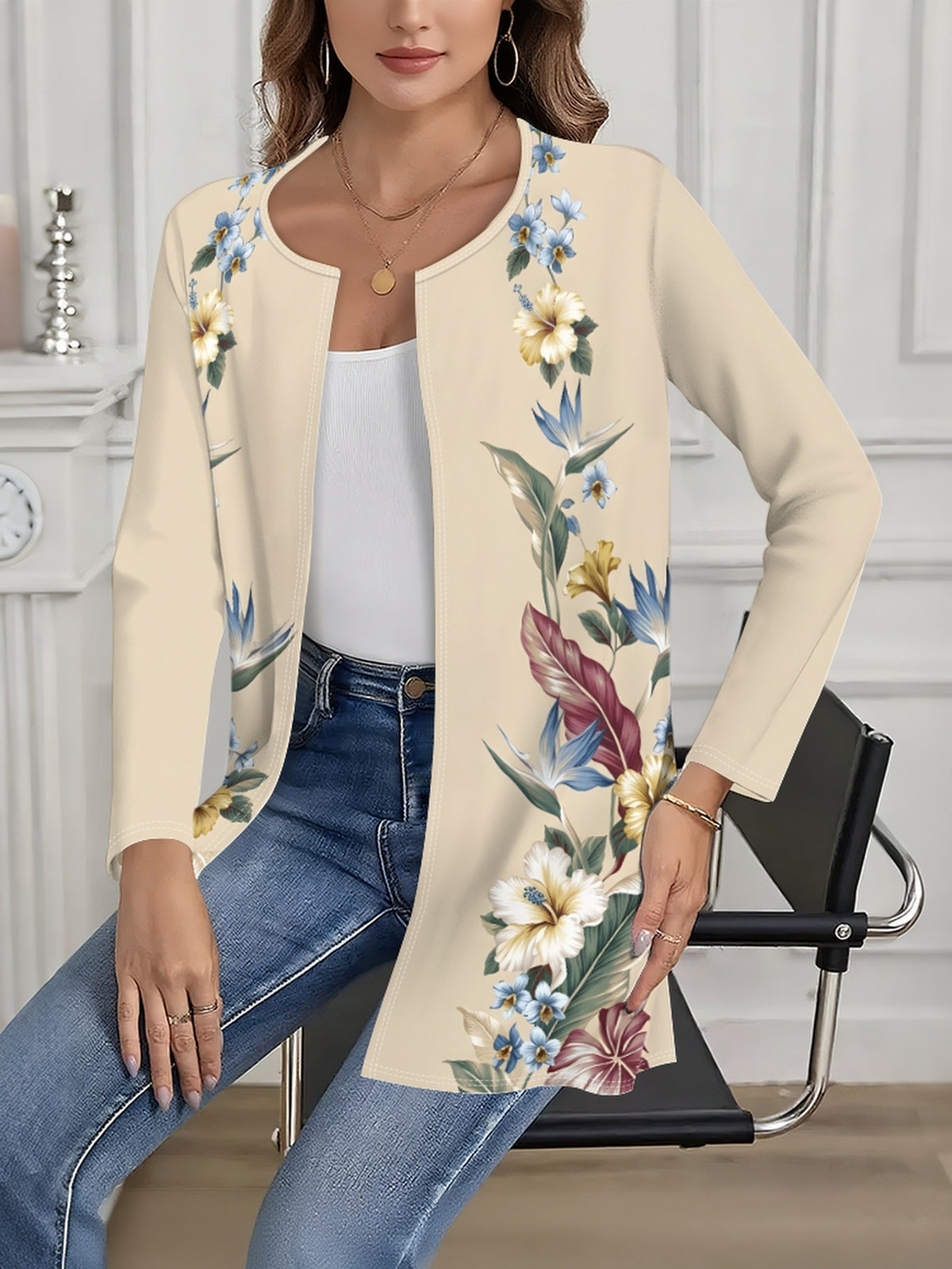 Printed Design – Not Textured Vintage Floral Embroidery Hawaiian Style Suitable for Beachwear for Women High-Quality Women's Clothing Women's Printed Long-Sleeve Cardigan - Comfortable Printed Outerwear Suitable for Office, Shopping, and Home Wear - Mixed colors
