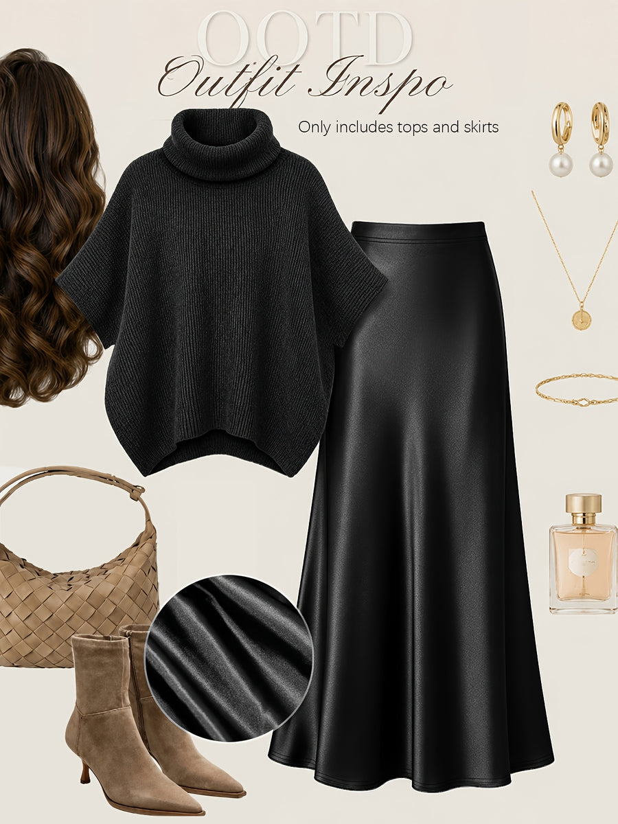 Autumn Winter Fashion Lazy Style Turtleneck Cloak Sweater And Premium Satin Fishtail Half Skirt, Temperament Elegant Commute Two-Piece Set - Black