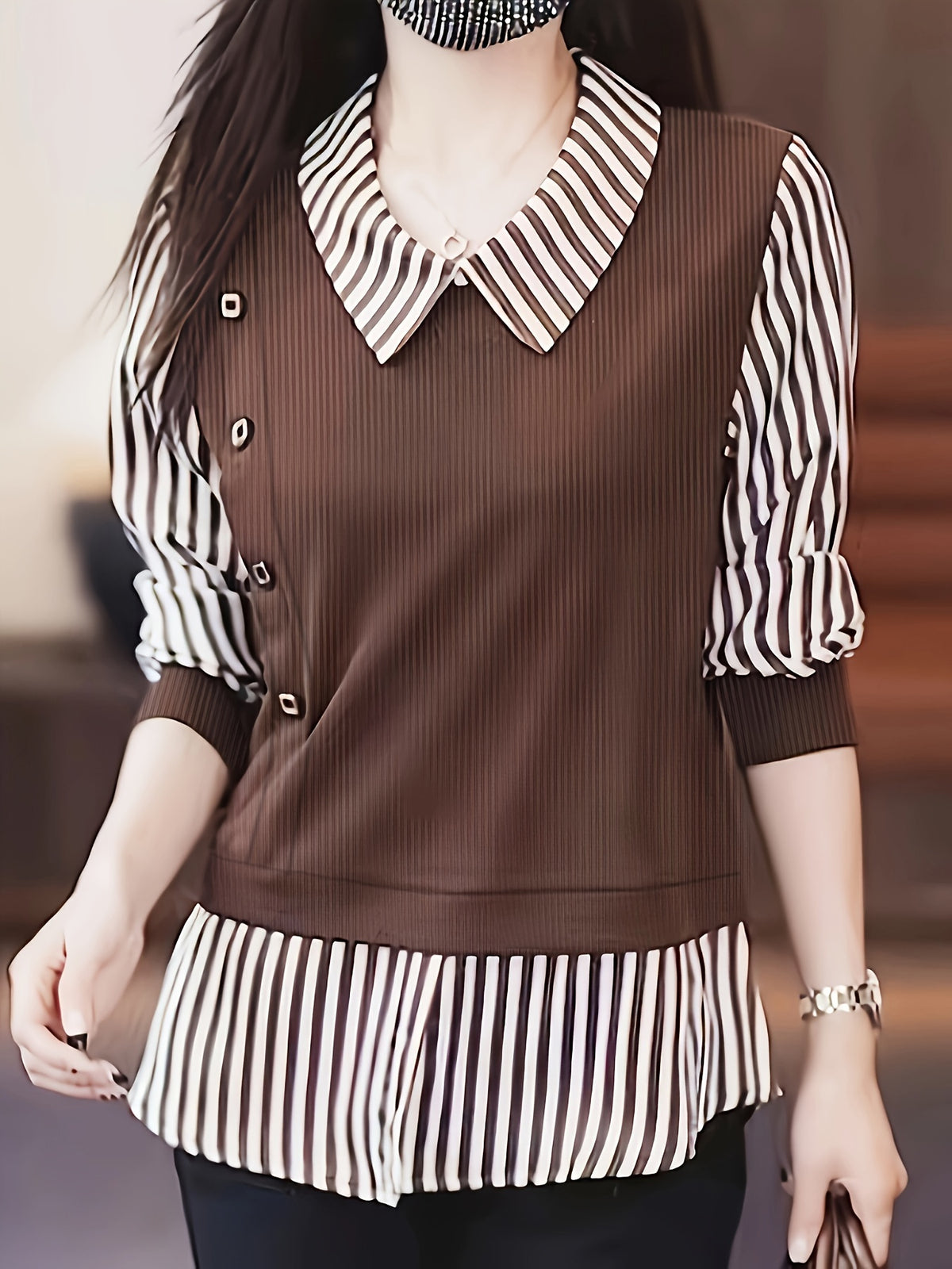 Spring And Autumn Fashion Patchwork Shirt for Women - Loess Ochre