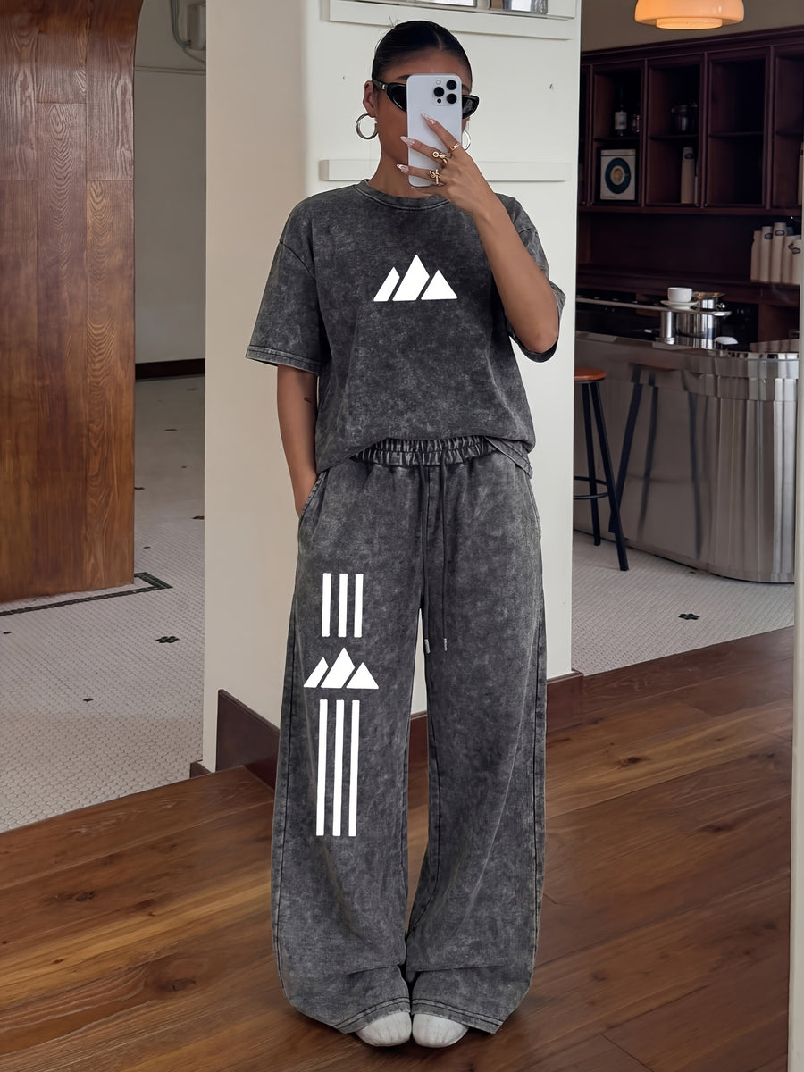 Women'S 2pcs Mountain Print Set, Vintage Washed Distressed Loose T-Shirt And Wide-Leg Pants, Casual Loose Solid Color Athletic Outfit, Minimalist Outdoor Style Printed Women'S Loungewear - Black+black