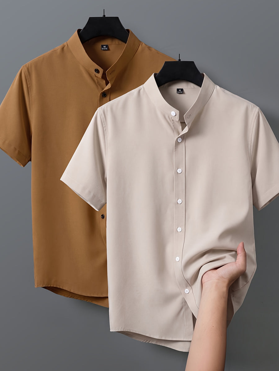 2pcs Men's Short-Sleeve Shirts, Henley/Stand-Up Collar Design, Summer Casual Outerwear - Color #15