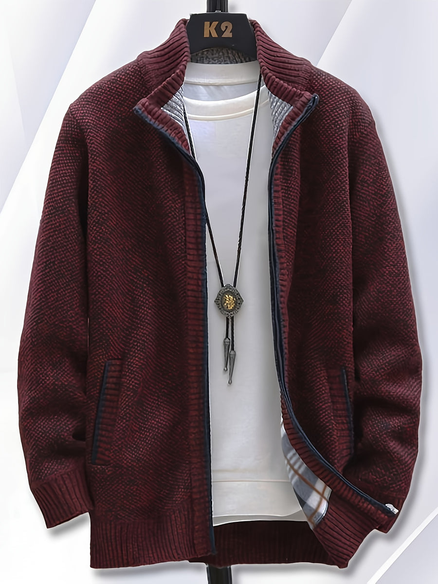 1pc Single Piece Men'S Autumn And Winter Stand Up Collar Knitted Sweater Jacket, Autumn And Winter Knitted Sweater Zipper Cardigan, Casual Thick Warm Sweater Jacket (Solely Includes 1 Jacket) - Burgundy