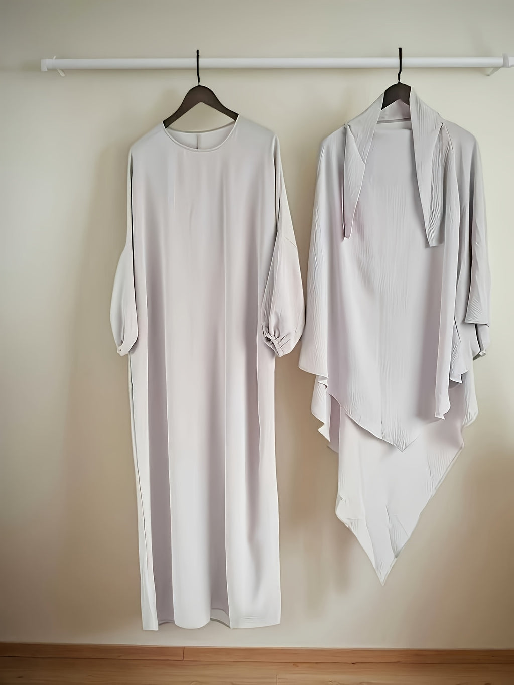 Two-Pieces Set (Khimar And Abaya) Prayer Jilbab Outfit for Muslim Women, Stylish And Elegant, Features a Solid Color, Easy Single-Layer Headscarf Khimar. Ideal for Everyday Wear, Festivals, Gatherings, And Outdoor Events. Women'S Islamic - Granny Gray