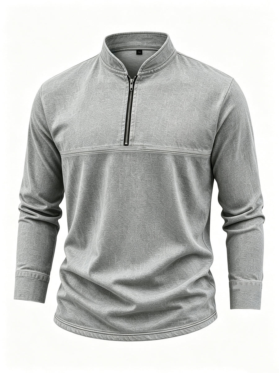 Men's Linen Long Sleeve Henley Shirt Stand Collar Loose Polo Shirt Men's Linen Zipper Casual Shirt - Grey