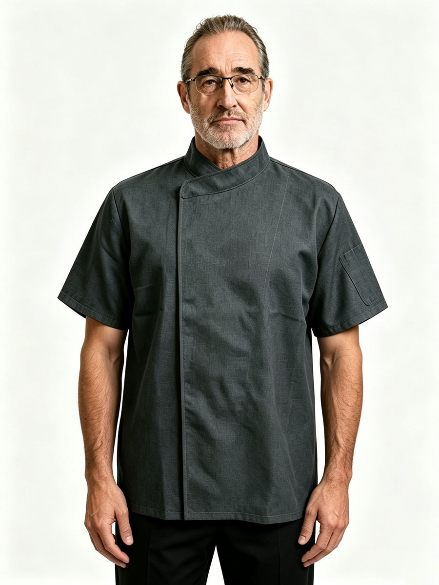Men'S Summer Short-Sleeve Chef Uniform, Men'S Shirts, Jackets with Pockets, Polyester Fiber Material, Suitable for Hotel Kitchen Dessert Shops, Men'S Gifts - Dark Gray