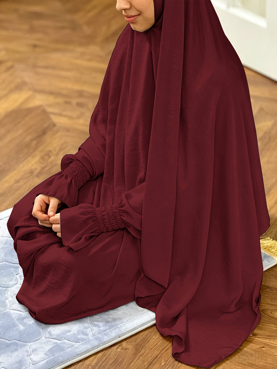 1pc Ice Wrinkled Fabric Scarf And Robe Abaya Khimar Loose Cuff Design Easy Fashion Suitable for Women'S Daily Wear And Prayer All Seasons - Deep Red