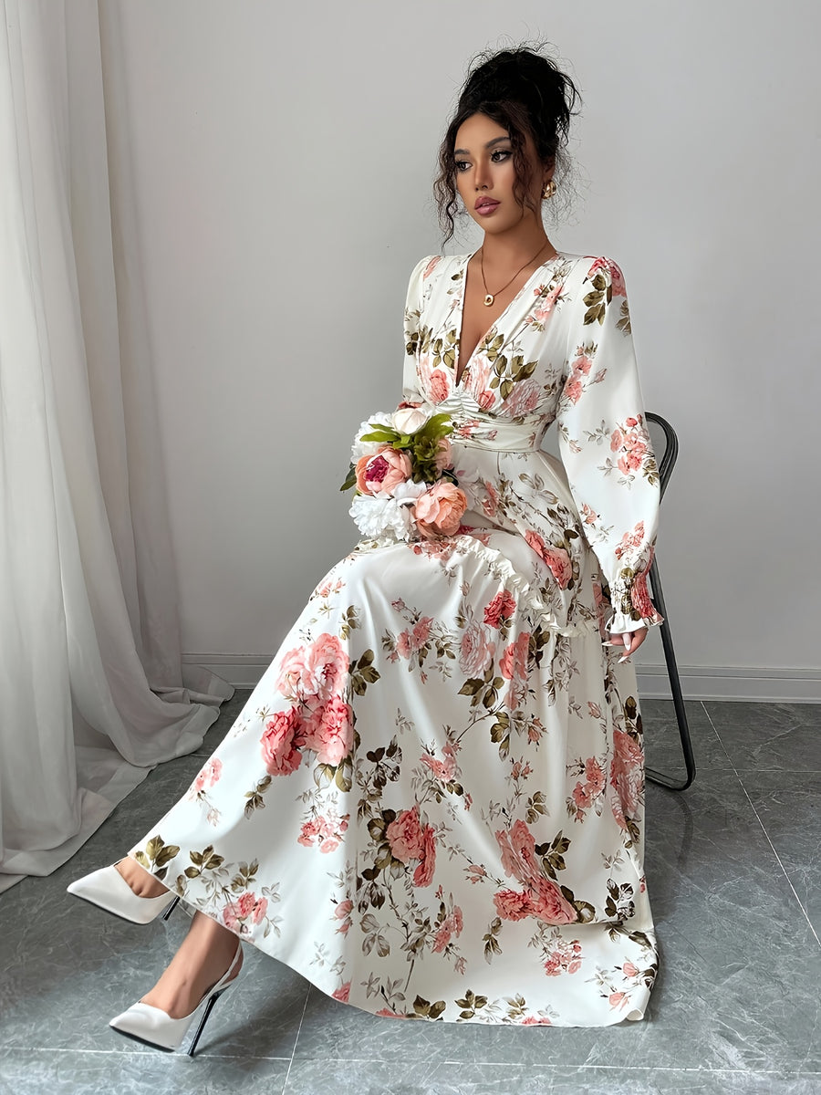 Elegant Waist-Cinching Long-Sleeve Printed Dress with a V-Neck for Spring And Autumn - Mixed colors
