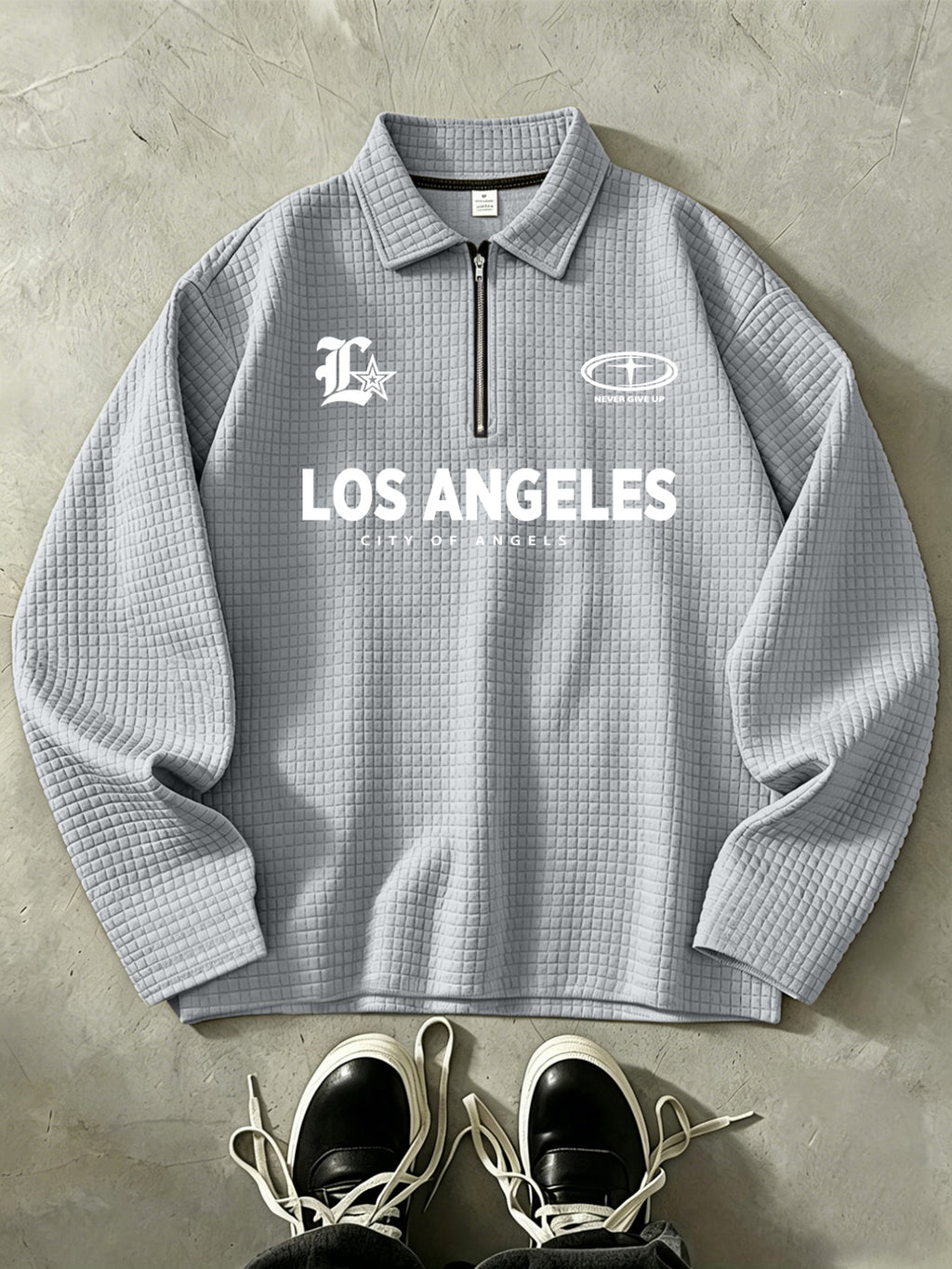 LOS ANGELES Men'S Half-Zip Fashion Waffle Texture Autumn Winter Casual Athletic POLO Shirt Sweatshirt, Street Style Versatile Trendy Long Sleeve Top - Grey