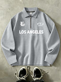 LOS ANGELES Men'S Half-Zip Fashion Waffle Texture Autumn Winter Casual Athletic POLO Shirt Sweatshirt, Street Style Versatile Trendy Long Sleeve Top - Grey