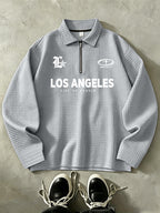 LOS ANGELES Men'S Half-Zip Fashion Waffle Texture Autumn Winter Casual Athletic POLO Shirt Sweatshirt, Street Style Versatile Trendy Long Sleeve Top - Grey