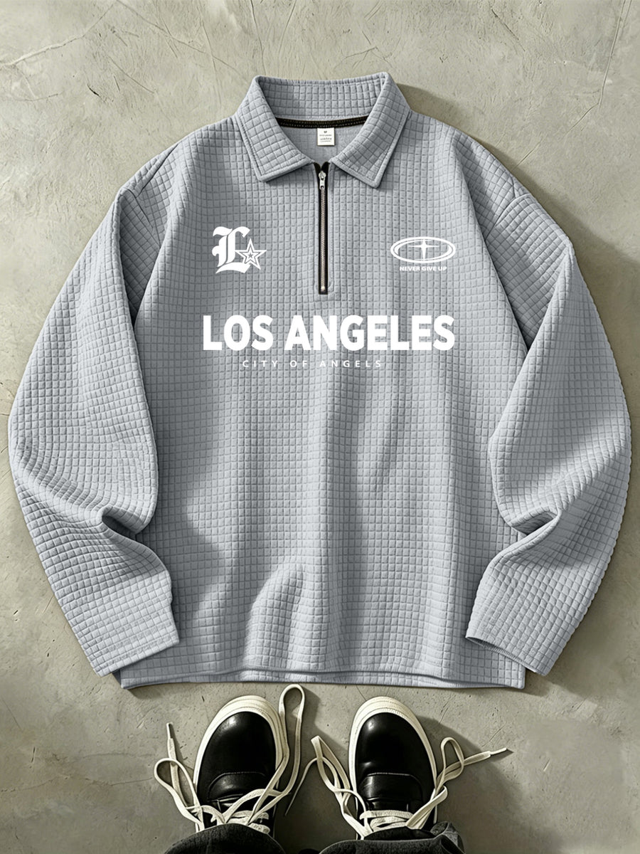 LOS ANGELES Men'S Half-Zip Fashion Waffle Texture Autumn Winter Casual Athletic POLO Shirt Sweatshirt, Street Style Versatile Trendy Long Sleeve Top - Grey