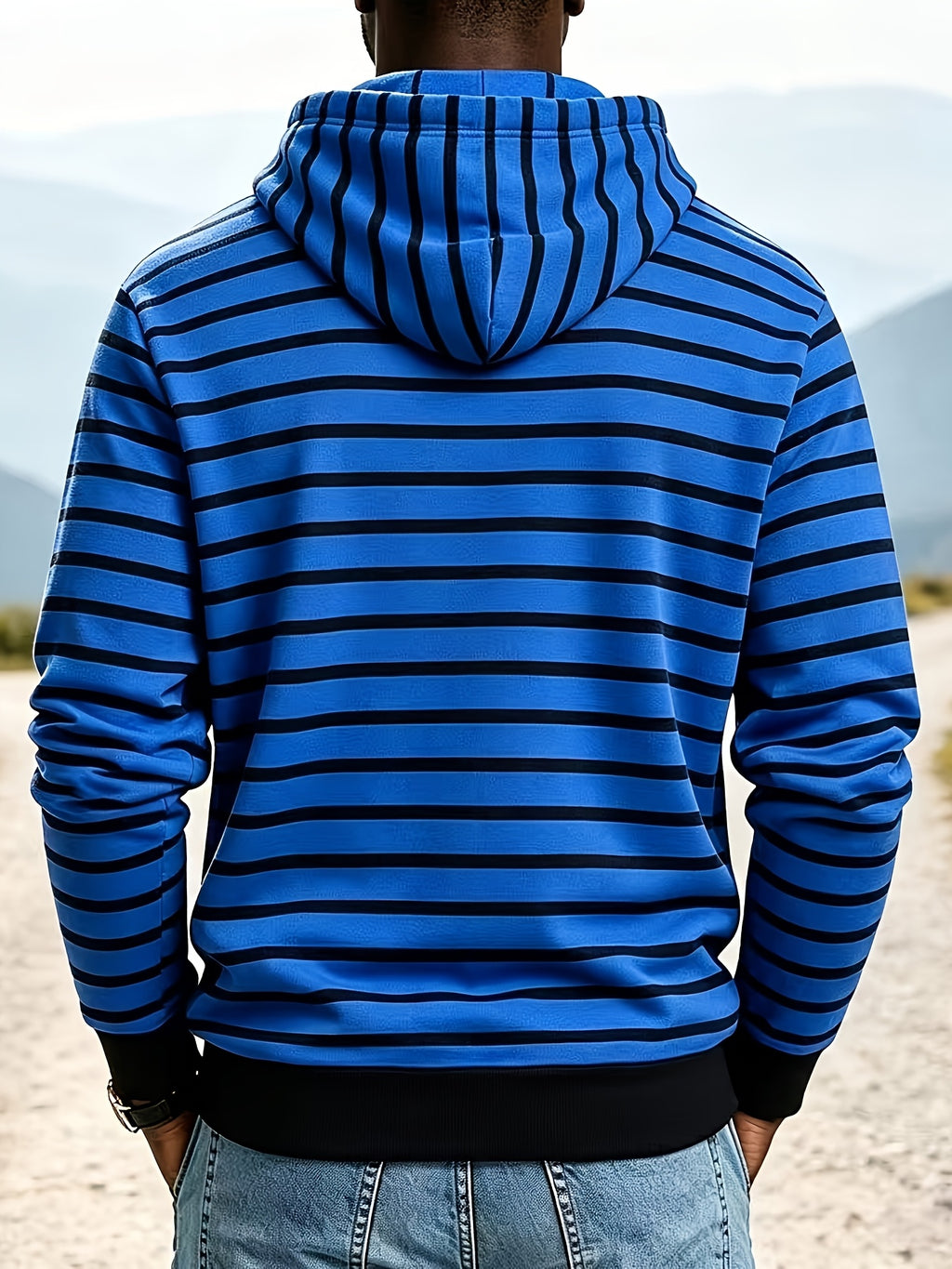 2026 New Men'S Striped Hooded Sweatshirt, Half-Button Drawstring Hoodie, Casual Long Sleeve Pullover Top - Royal Blue