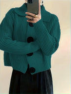 Solid Color Button-Front Cardigan, Korean Style Short Outerwear, Elegant for Vacation, Daily Commute - Malachite Green