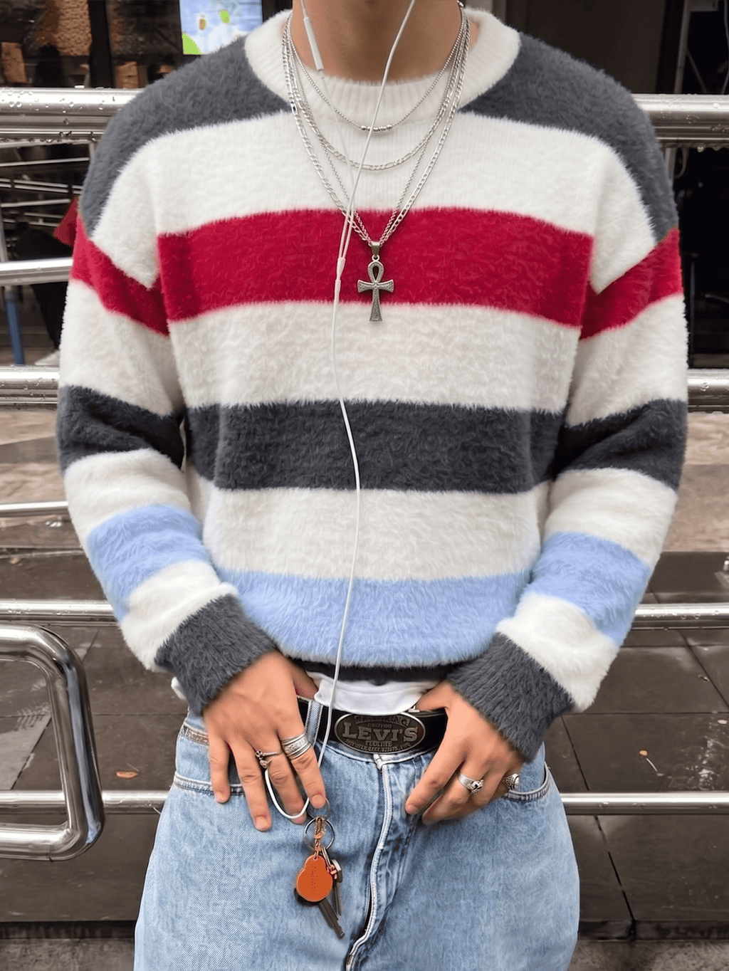 Men's Sweater, Fashionable Street Style, Versatile for Daily Commute and Home Wear, Two-Tone Striped Crew Neck Long Sleeve Loose Knit Pullover, Autumn/Winter Style - White