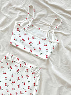 White Cherry Blossom Print Spaghetti Strap Top with Drawstring and Slit Skirt, Suitable for Daily Wear, Dates, Travel, Beach Outings, Elegant, Fashionable, Fresh, and Simple Commuting Women's Clothing - White