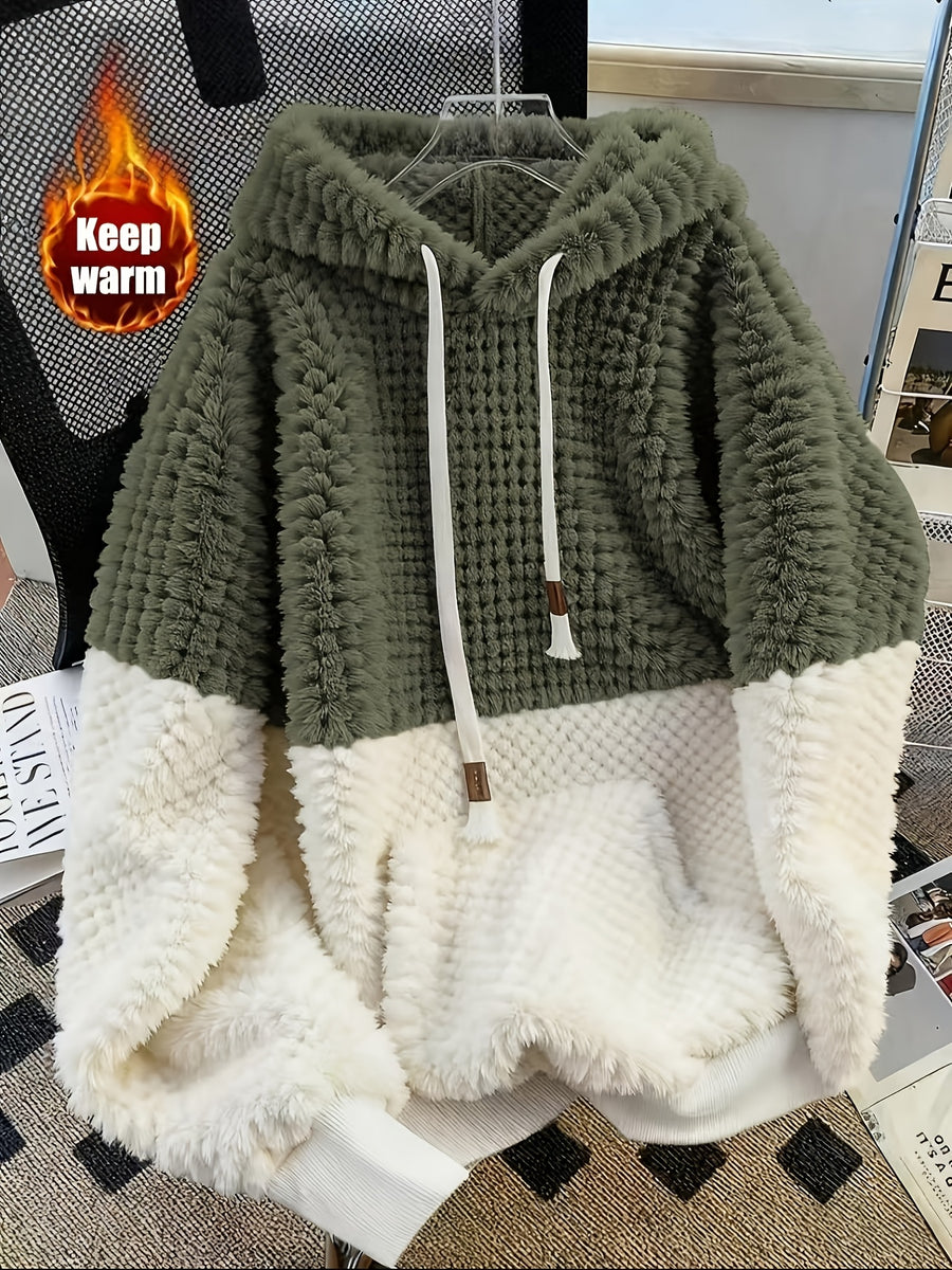 Autumn/Winter New Women's Fashionable Casual Soft Plush Solid Color Patchwork Crew Neck Hooded Drawstring Pullover Long Sleeve Patch Pocket Warm Sweatshirt - Green