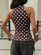 New Summer Vintage Sweet Spicy Half-Open Collar Shirt Women'S Design-Sense Slender Sleeveless Top - Coffee Brown