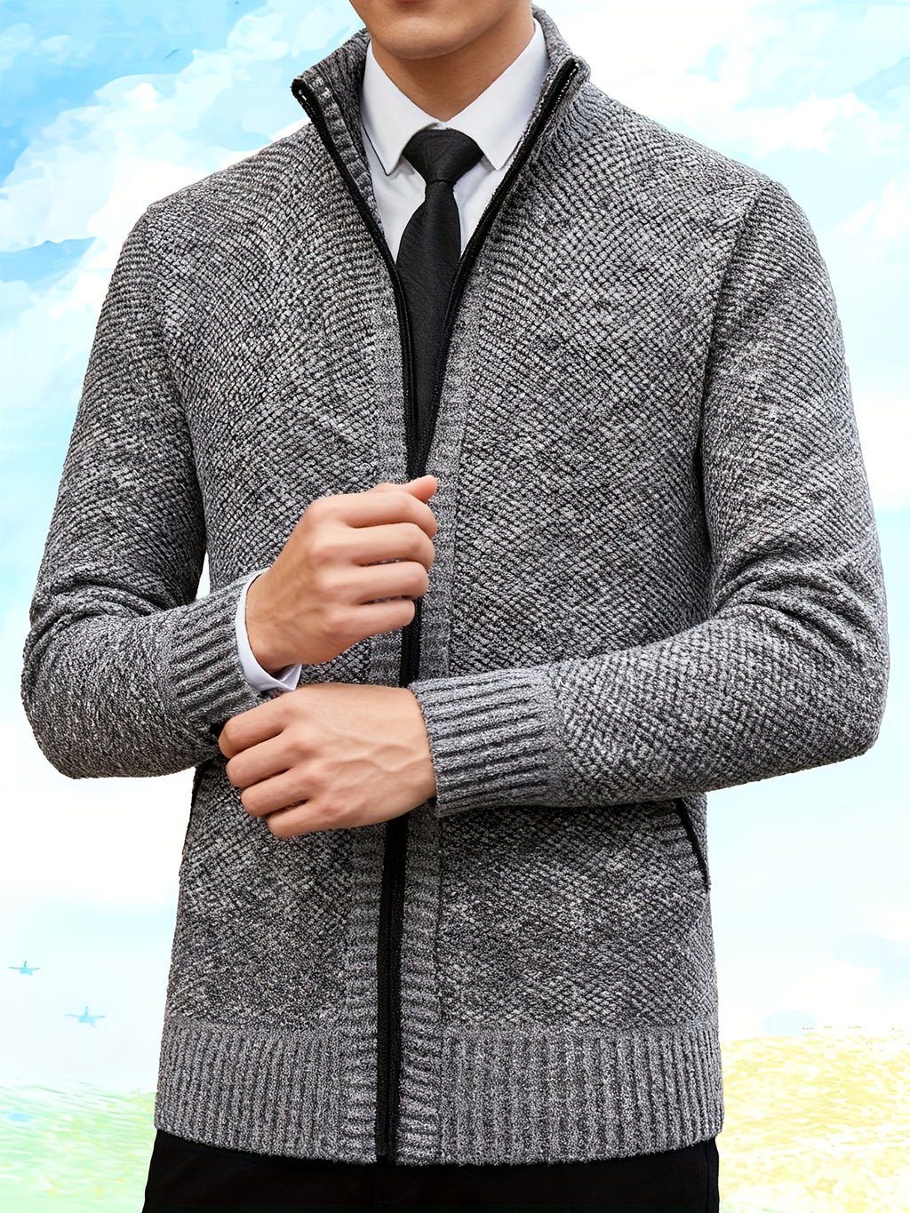 Autumn and Winter Casual Sweater Cardigan Jacket for Men, Thick Zipper Jacket with a Slightly Loose Three-dimensional Cut, Hiding Flesh and Slimming Without Dragging, Easily Creating a Fashionable Business Image (only Includes 1 Jacket) - Light Grey