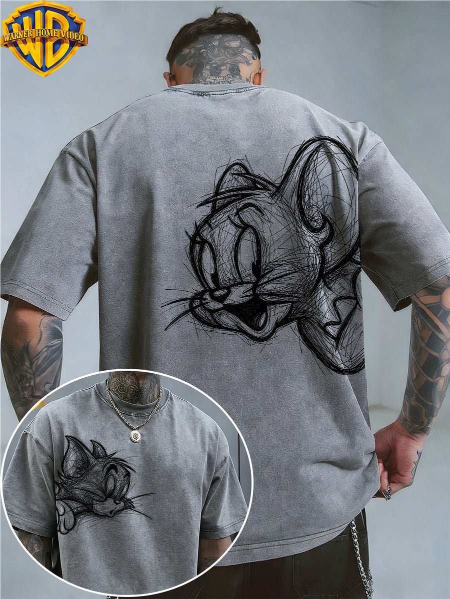 [Warner Bros] Official Authorization, Men's Short Sleeved Fun Cartoon Print Design, American Retro Washed Distressed T-shirt, Outdoor Sports and Leisure Clothing, Daily Commuting, Machine Washable - Grey