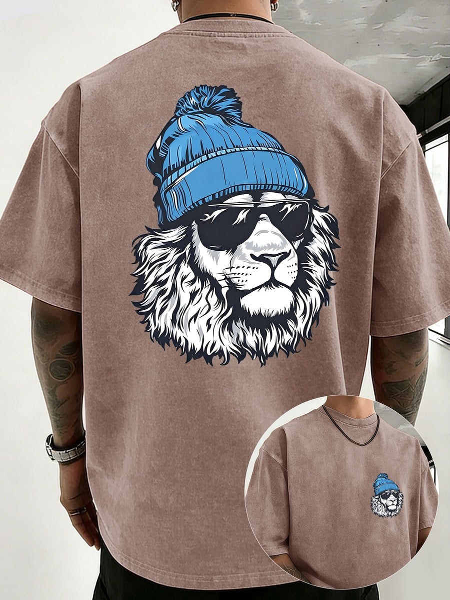 Men's Heavyweight Washed Distressed Loose-Fit Short-Sleeve T-Shirt with Reversible Print, Available in 12 Colors for Mix & Match, National Trend Y2K Style for Daily Commuting, Sports, Fitness, Couples, Streetwear, and Outings - Brown