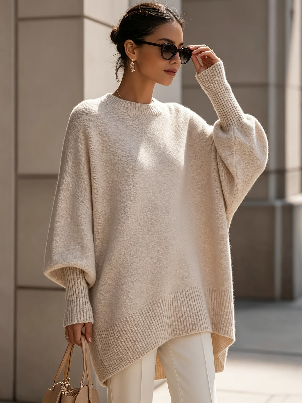 French-style Relaxed Silhouette Top, Irregular Slanted Hem Loose Lantern Sleeve Sweater, Gentle and Elegant Loose Fit That Is, Urban Casual Style - Apricot