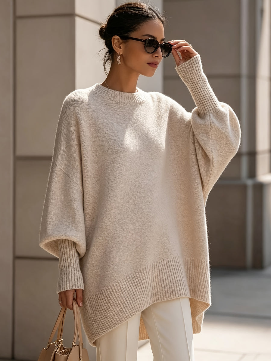 French-style Relaxed Silhouette Top, Irregular Slanted Hem Loose Lantern Sleeve Sweater, Gentle and Elegant Loose Fit That Is, Urban Casual Style - Apricot