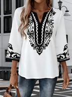 New Women's European and American Style Summer Fashion V-Neck Placement Print Loose Vintage Three-Quarter Sleeve Pullover Shirt - White