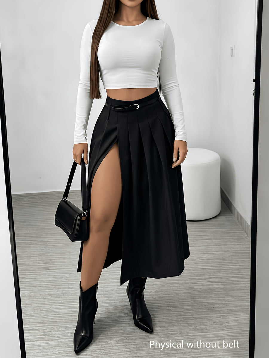 Spring and Autumn Women's High-Waist Pleated Skirt, Waist-Cinching Spicy Style, Versatile,, and Elegant Midi Length - Black